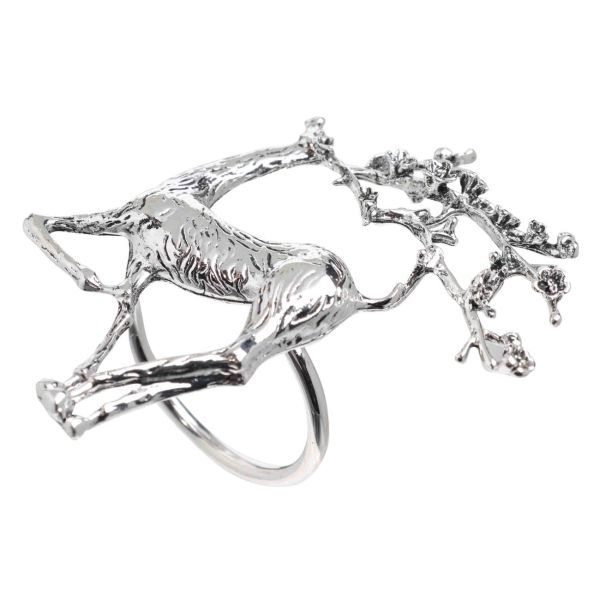 Napkin ring, 8 cm, metal, silver, Deer with flowers on the antlers, Winter deer